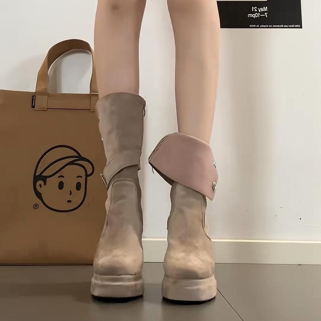 11Cm with waterproof table short boots women's round head thick heel thick sole apricot elastic thin medium tube single boots black