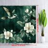 1pc Tranquil Hummingbird Shower Curtain - Green & White Flowers, Dark Green Background, Soft Pink Centers