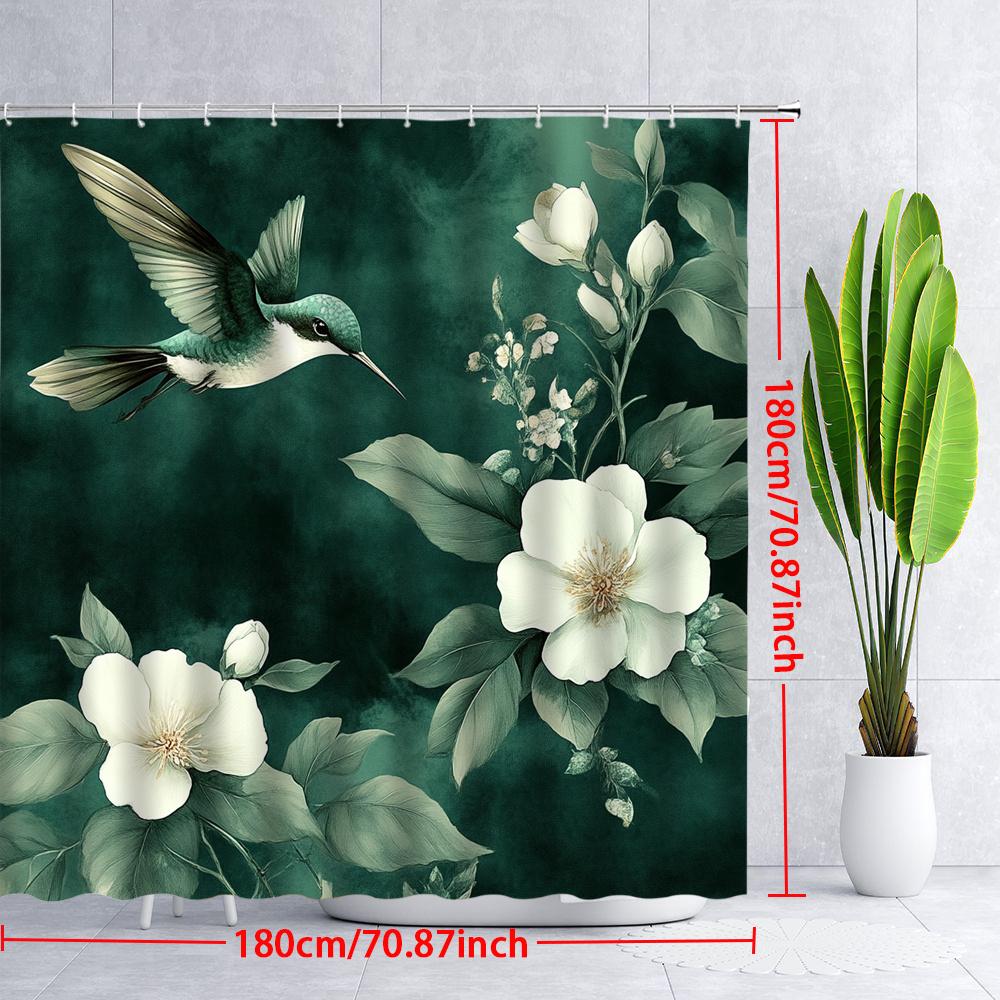 1pc Tranquil Hummingbird Shower Curtain - Green & White Flowers, Dark Green Background, Soft Pink Centers