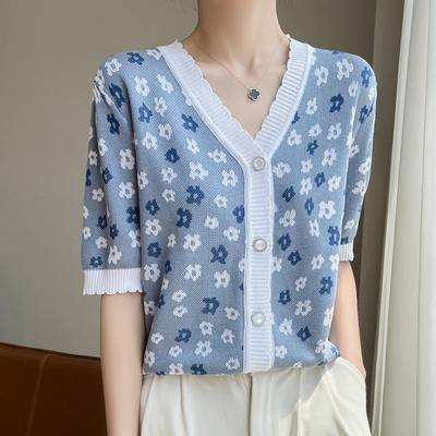 Gilet Jacquard en Soie Glacée à Manches Courtes et Col en V, Haut Tricoté d'Été Couleur Contrastée, Chemise Climatisée
