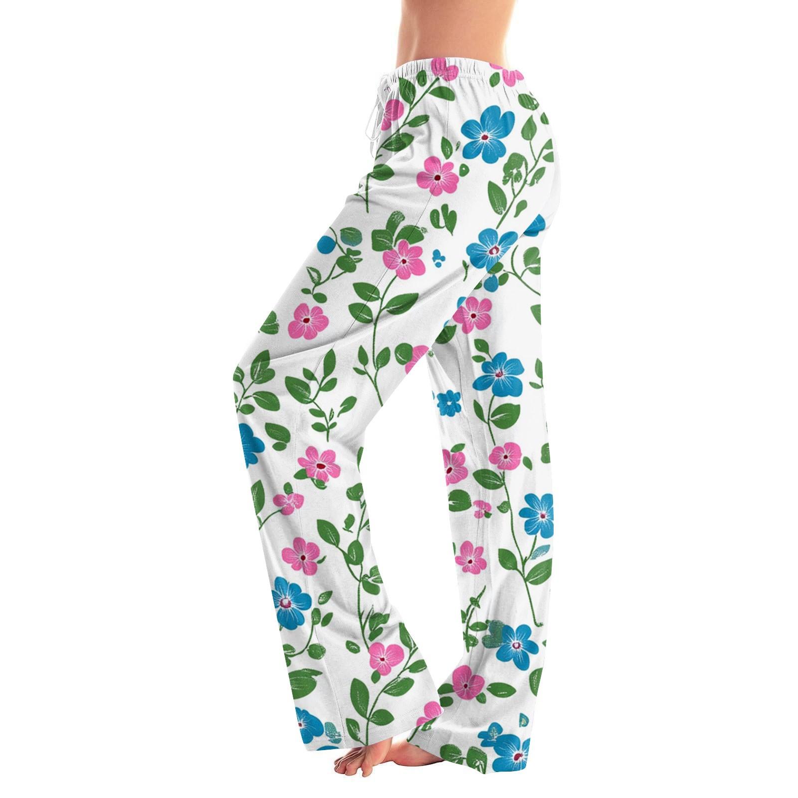 Women s Fashion Loose Casual Floral Printed Casual Pants S синий