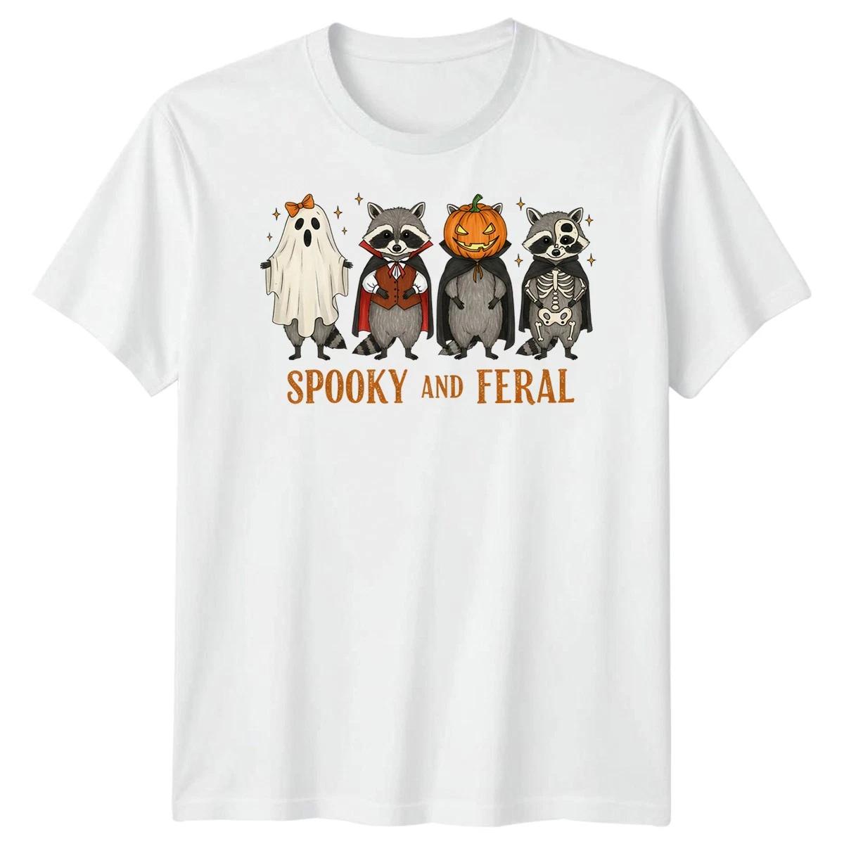 Halloween T-Shirt Funny Raccoon Spooky And Feral Pumpkin Tee For Adults & Kids 130