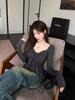 Women's Red Lace-up Bow Long-sleeve Square Neck Slim-fit Top for Autumn/Winter
