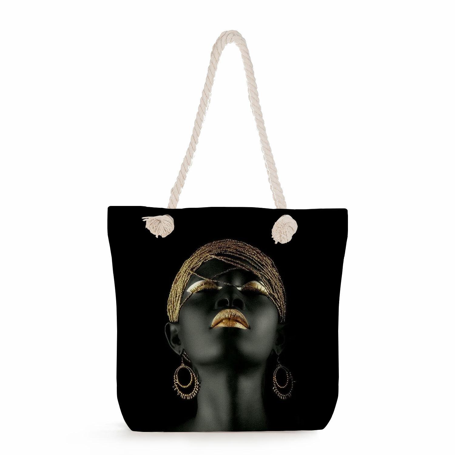 Multifunctional Cool Black People Printed Thick Rope Shoulder Beach Bag Casual large capacity handbag 0114