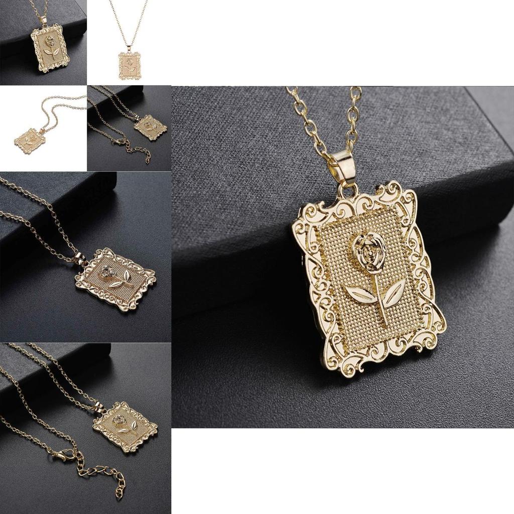 Pozlacený Pop Geometrický Čtvercový Růžový Květ Řetízek na Klíční Kost Svetrový Řetízek Elegantní Šperky Pro Ženy