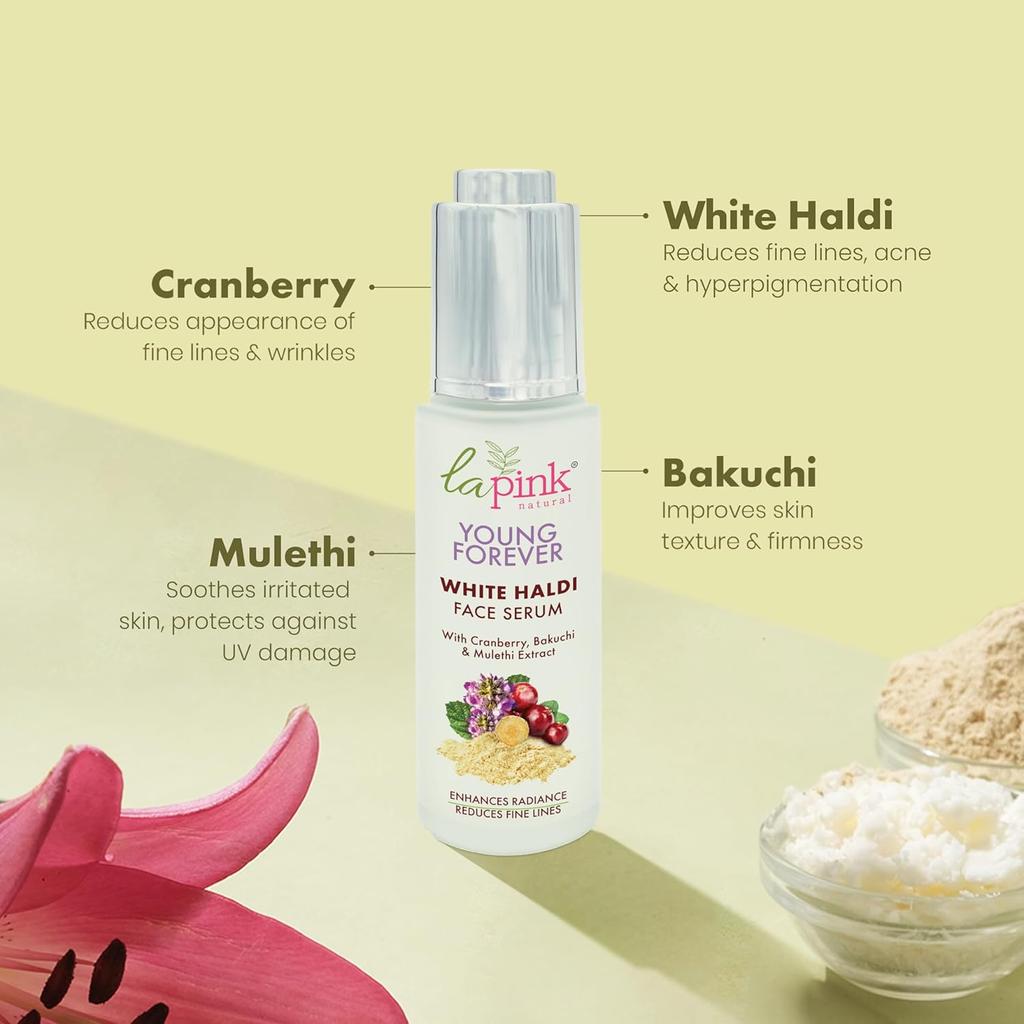 La Pink Young Forever Face Serum | 100% Microplastic Free Formula | Reduces Fine Lines, Pigmentation, Dark Spots & Scars | White Haldi | 30ml