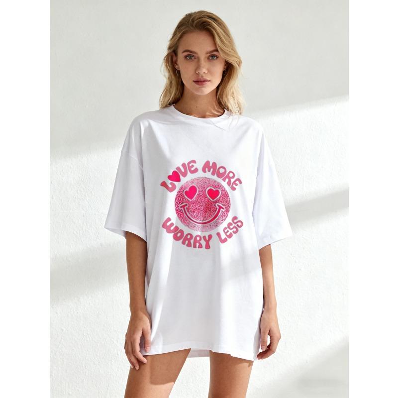Black Oversized T Shirt Love More Worry Less Smiley Face With Hearts Print Casual Streetwear For Women Summer Outfits