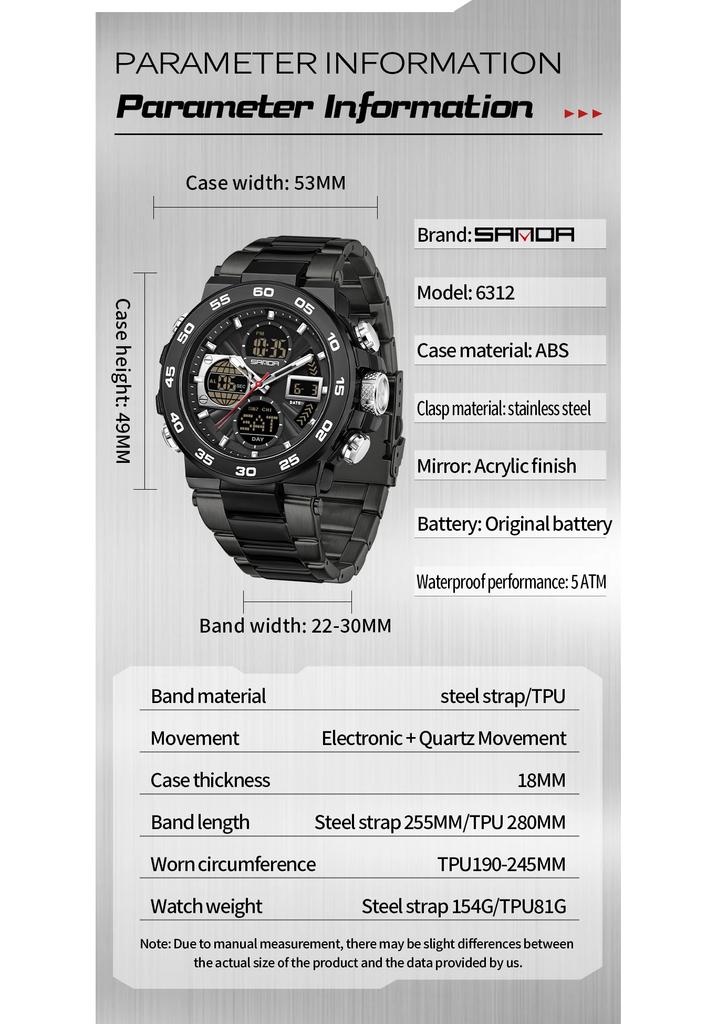 SANDA 6312 New Steel Strip Sports Watch Dual Display Dual Movement 5ATM Waterproof Multi functional Men's Electronic Watch-1
