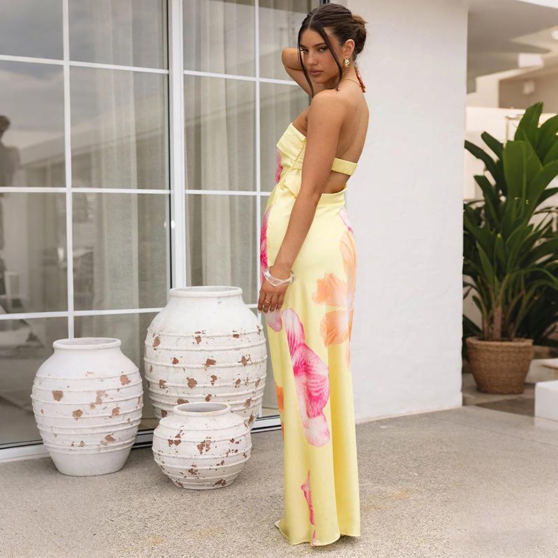 Women's Strapless Floral Print Long Dress - Spring/Summer Fashion, Resort Casual Style