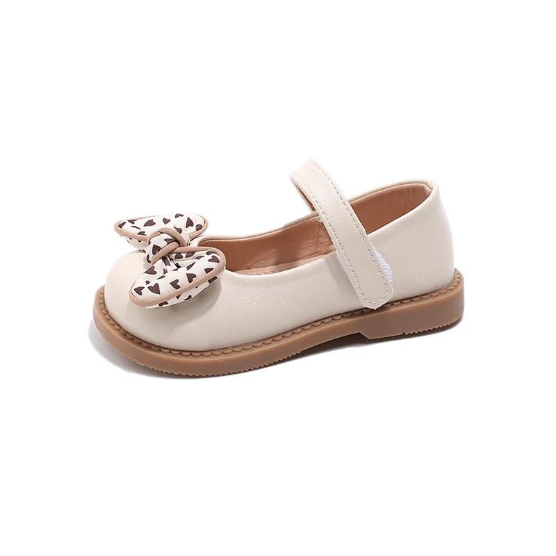 2024 Dětské kožené boty pro dívky Podzim Nová móda Korejský styl Měkká podrážka Protiskluzové Princeznovské S mašličkou Všestranné boty