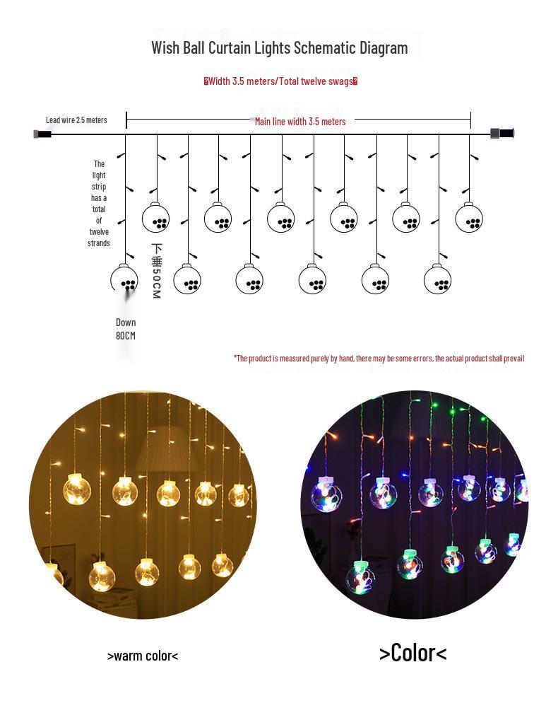 Twinkling LED Curtain Lights with Wishing Ball, Star, and Bell Accents for Christmas and Birthday Decor