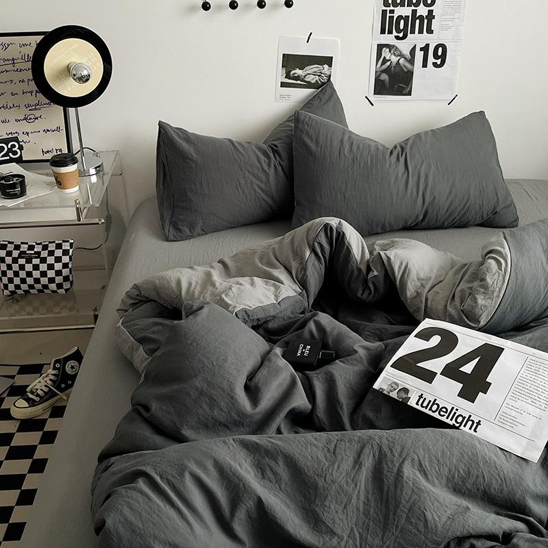 Bed Sheet Quilt Cover Nude Sleeping Pure Cotton Four-piece Set Washed Cotton Soft Bed Sheet Quilt Cover Solid Color Bedding