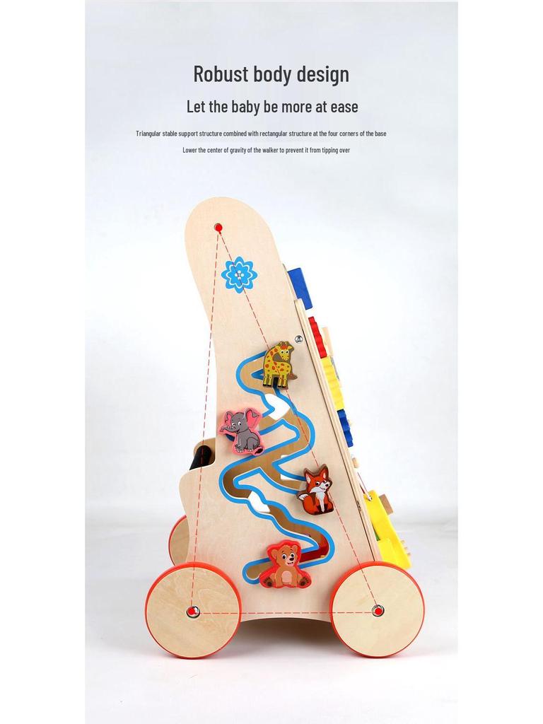 Nordic-Style Wooden Walker & Activity Center with Bead Maze, Xylophone, and Gears for Cognitive Play.