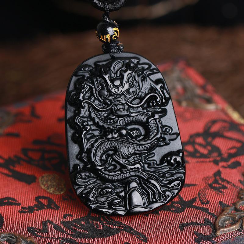 Natural Black Obsidian Chinese Dragon Pendant Jade Necklace Jewelry Amulet Lucky Mens Gift