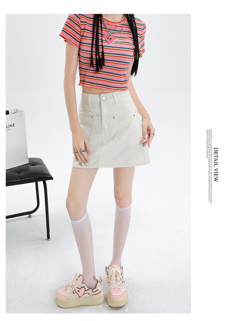 2023 Damska Mini Spódniczka Jeansowa A-Line z Wysokim Stanem w Kolorze Off-White: Antyekspozycja, Petite, Wyszczuplający Styl Letni