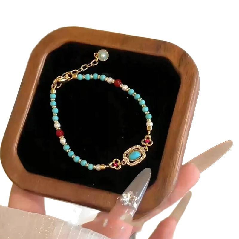 Niche Beaded Flower Bracelet, New Chinese Imitation Turquoise Pearl Exquisite Versatile Temperament Wrist Jewelry