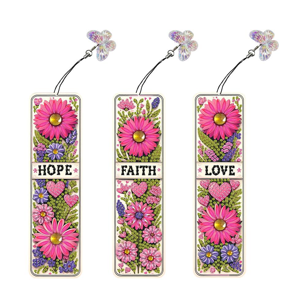 3Pcs Special Shape Rose Bouquet Diamond Painting Bookmark Making Kit Diamond Art Bookmark with Pendant for Kids Adults Beginners