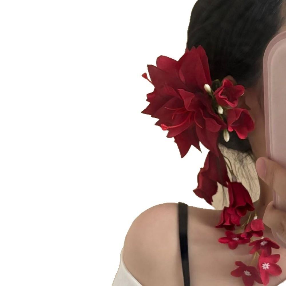 Red Rose Flower Hair Clips Artificial Flower Flower Petal Hairgrip Lily Tassels Hairpins Bridal