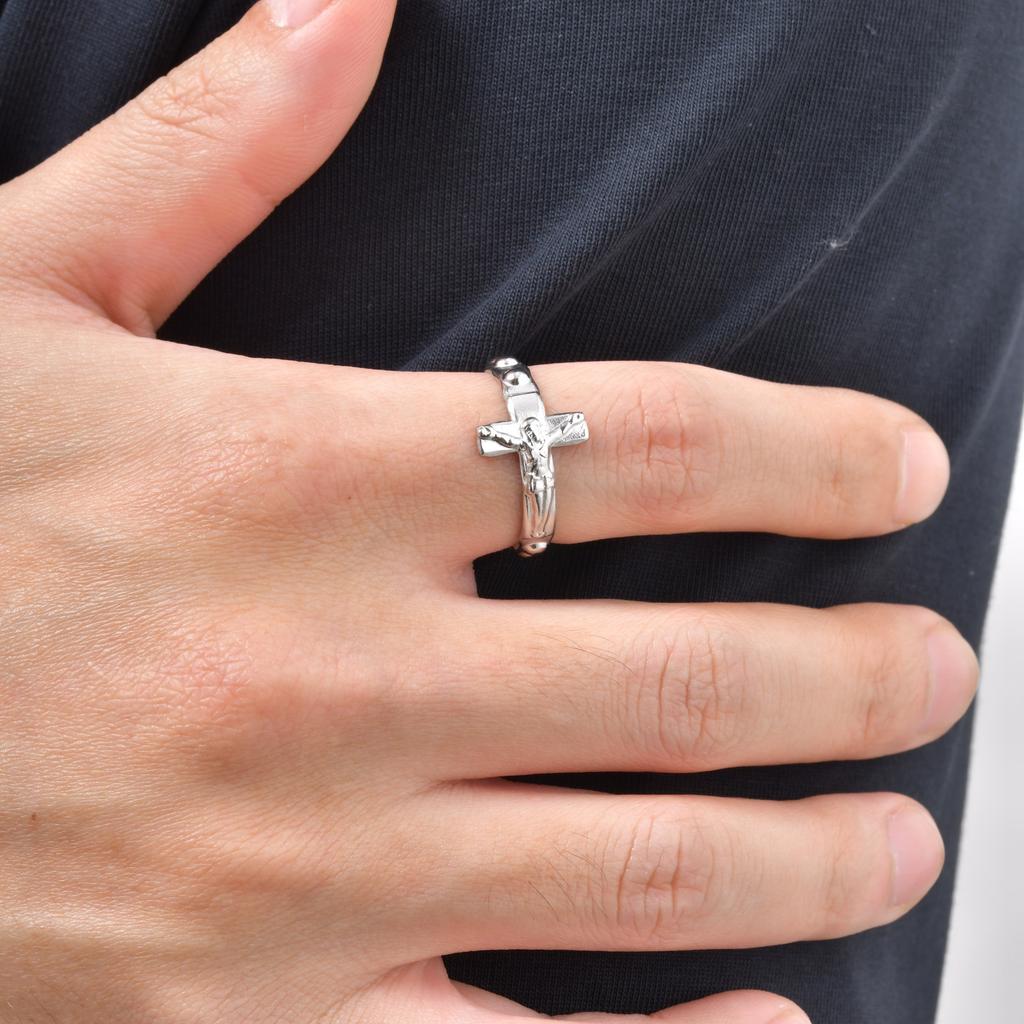 Fashion Vintage Jesus Cross Rings for Men, Waterproof Stainless Steel Adjustable Open Rings, Religious Party Jewelry Gift