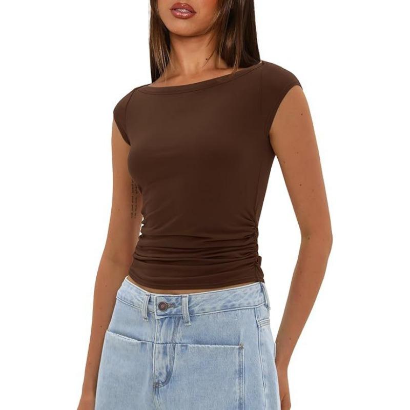 Damen S Eng anliegendes Cropped T-Shirt mit U-Boot-Ausschnitt und Falten Sommer M