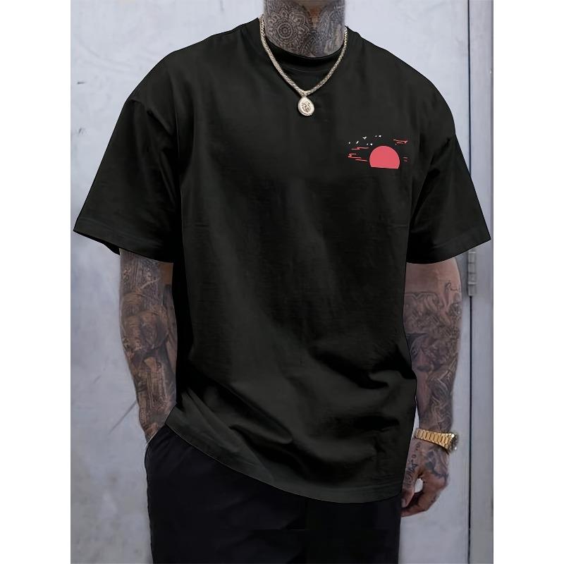 European sizes Fashionable, Versatile, Simple, Loose-fitting, Commuting Men's Sunset Print Casual Short-sleeved Shirt