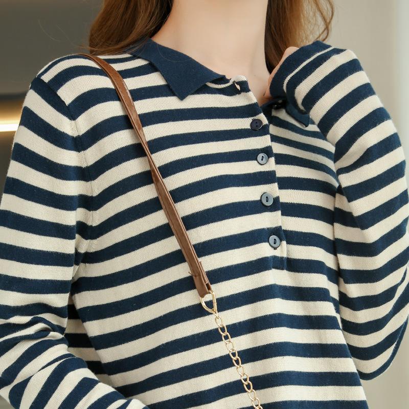 Striped Base Top for Women POLO Neck Spring and Autumn Updated Combed Cotton Long-sleeved T-shirt Knitted Sweater Lapel Relaxed Fit Top