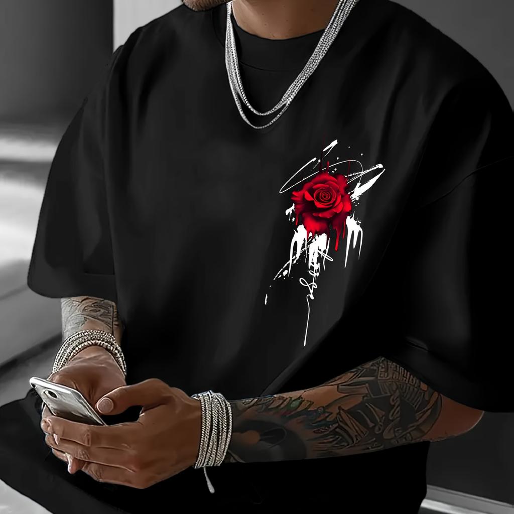 Men's Summer 100 Cotton Fashionable Casual Sports Loose and Eye-catching Red Rose Printed Round Neck Short Sleeved T-shirt Top