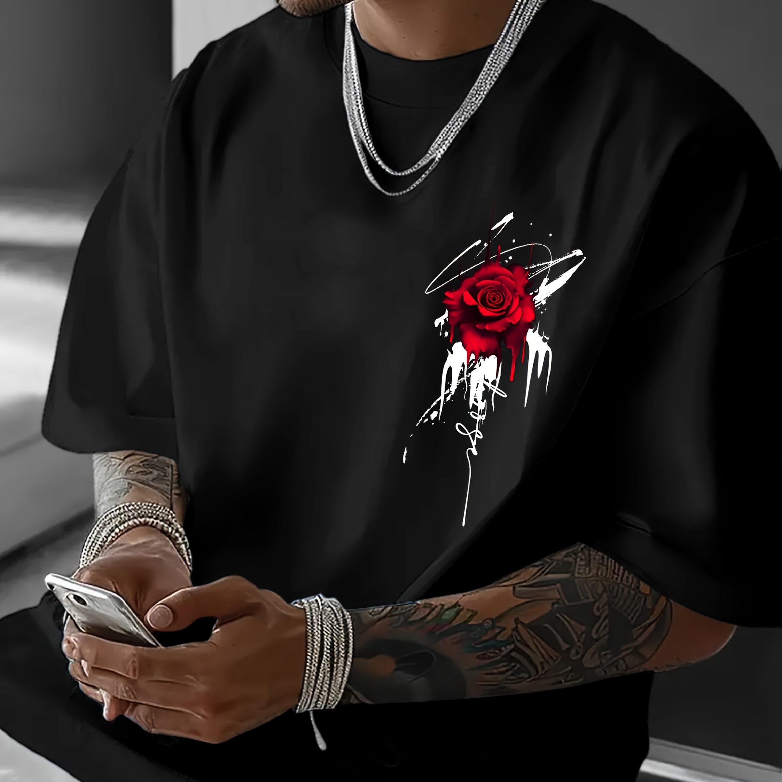 

Мужская летняя модная повседневная спортивная футболка с коротким рукавом и круглым вырезом, свободного кроя, с привлекательным принтом красной розы из 100% хлопка 4XL