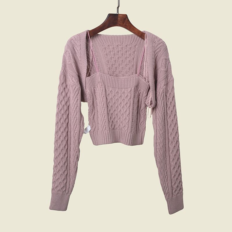 

Export Yuan Single Cable Stitch Silm off-Neck Strap + Short Long Sleeves Outer Match Knitting Sweater Two-Piece Suit with a Shawl Lotus root powder color L