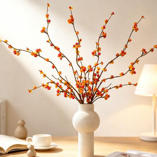 Realistic Imitation Berry Branches Long Artificial Bittersweet Branches, Fall Stems for Vase, Faux Plants Decorative Gold Green Leaves Thanksgiving
