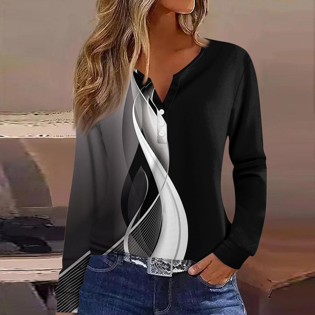 Women's T Shirt Tee Button Long Sleeve Daily Weekend Fashion Basic V- Neck Regular Top