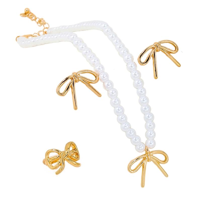Lovely Bowknot Jewelry Set Dainty Necklace Ear Studs Rings Accessory Elegant Neckchains Earrings Rings Charm Adornment