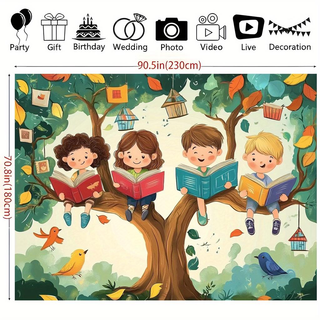 1 Cartoon Themed Background Cloth Under the Book Tree for Young People To Read, Party Banner