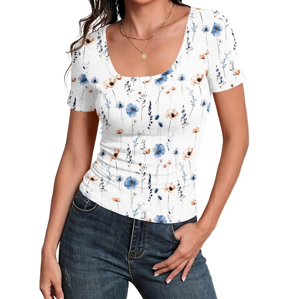 Women Slim Fit Short Sleeve Top Square Neck Vintage Floral Print Ribbed Knit Stretchy T-Shirt Casual Summer Blouse