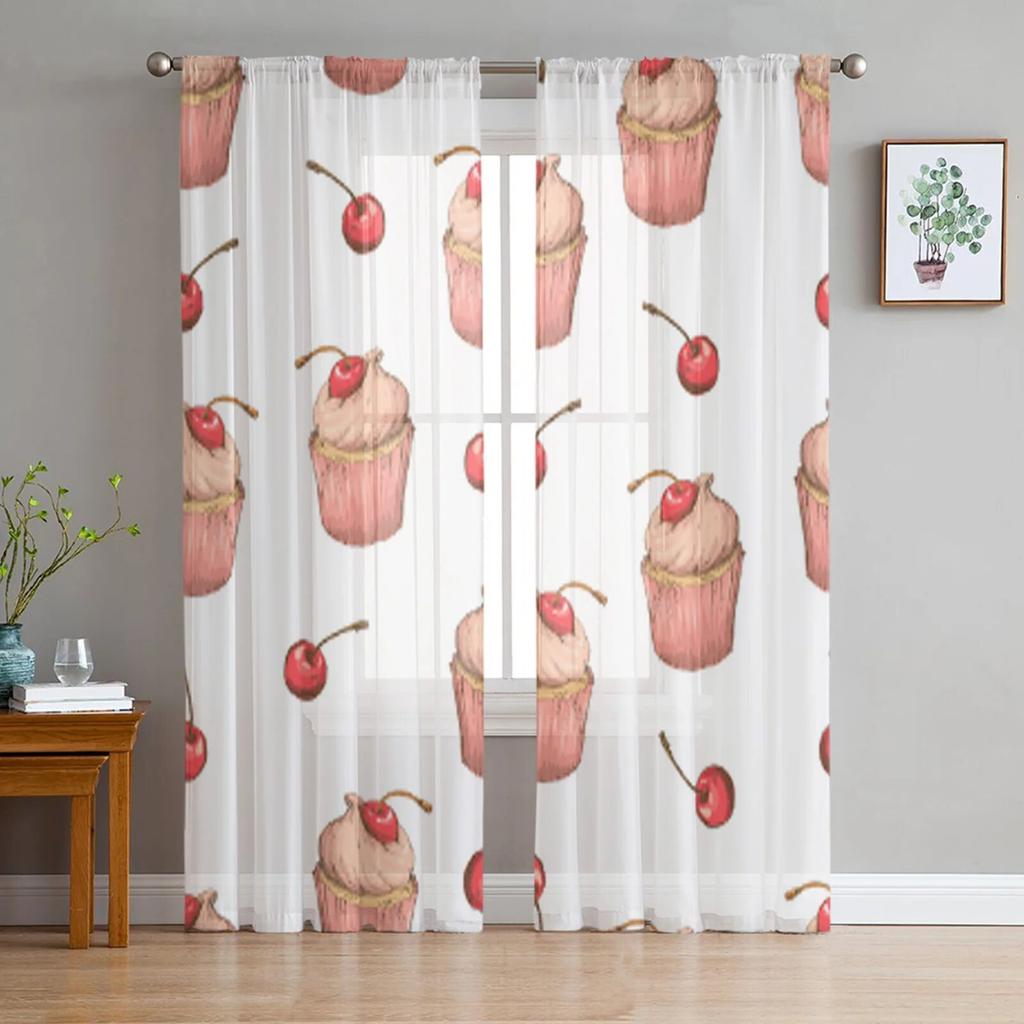 Ice Cream Cone And Cupcakes Tulle Curtain For Living Room Sheer Valance Curtain For Kitchen Bedroom Window Drapes