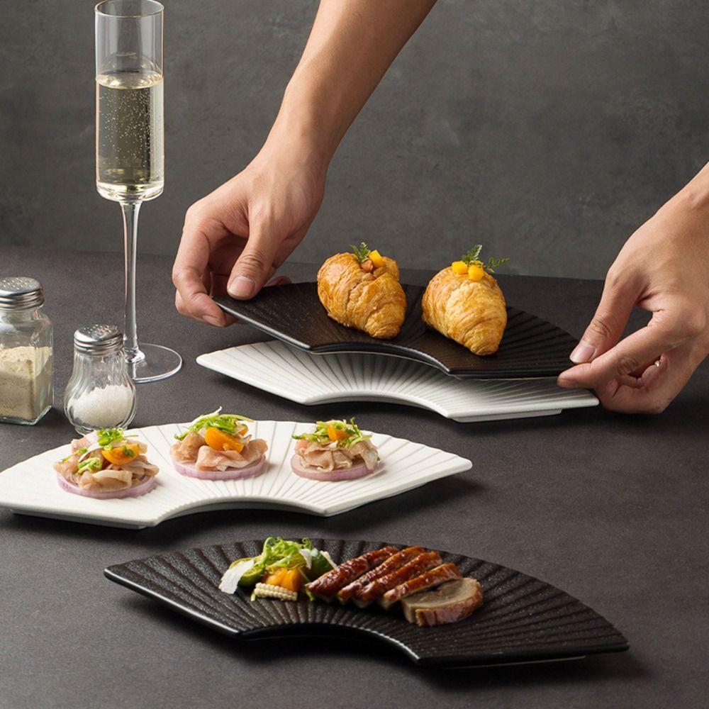 Durable Sushi Plate Ceramic Storage Tray Multi-Function Fan Shaped Striped Plate  Festival