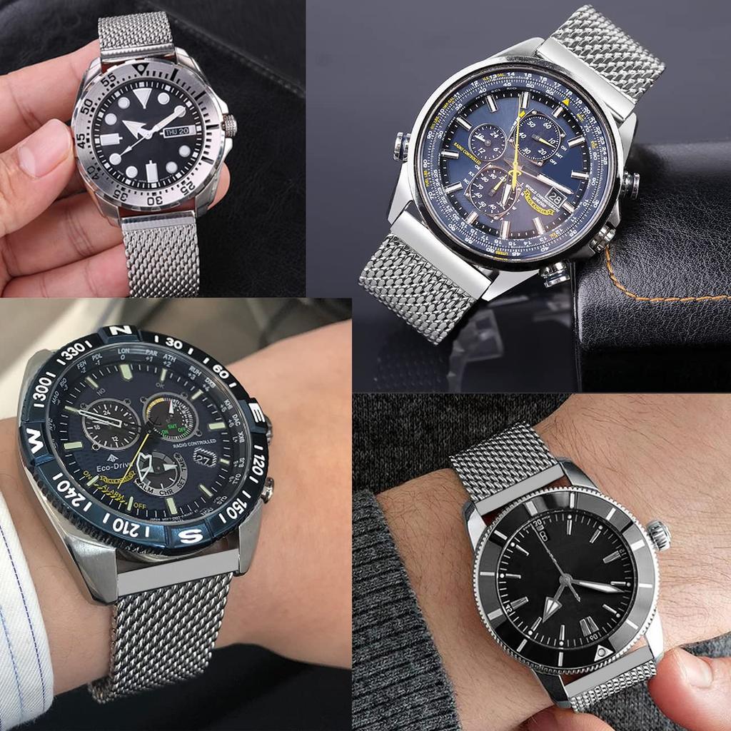 [Kai Tian] Mesh Black Belt 24mm Watch Band Wristwatch Strap Metal Band Stainless Steel Push D Buckle Replacement Strap Watch Brush Wire Mesh Band Men'