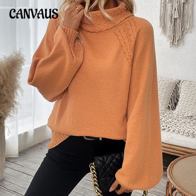 Maglione Casual Largo da Donna Taglie Forti Autunno Inverno Collo Alto Maglia Intrecciata Maniche a Lanterna
