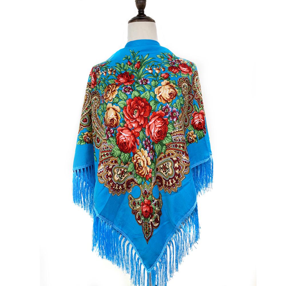 135*135Cm Russian Style Square Scarf For Women Luxury Floral Print Bandana Head Scarves Lades Fringed Shawl Headwraps Foulard