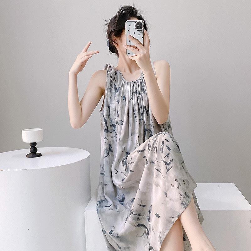 Cotton and silk nightgown women's summer 1011 new high-end vacation style long dress, sleeveless pajamas and loungewear in spring and autumn