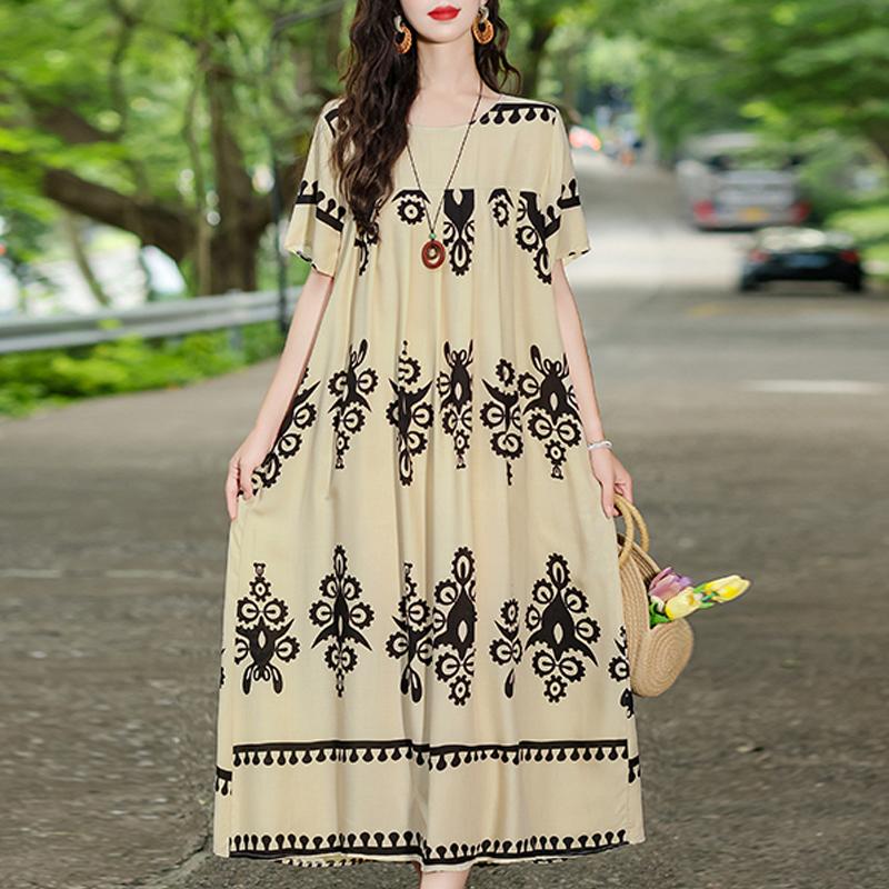Elegant Summer Loose Dress Woman Vintage Clothes Plus Size Casual Short Sleeve Long Dresses