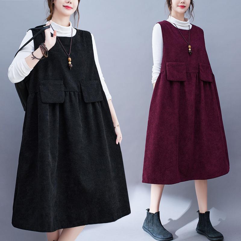 

2022 Autumn Retro Corduroy Vest Dress: Women s Mid-Length, Loose Fit with Pockets M