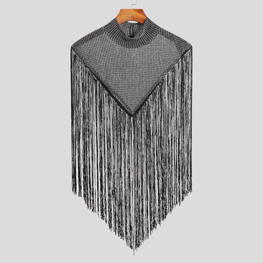 

Spliced Irregular Sleeveless Cape Men s High Collar Tassel Cape Vintage Cape Tank Top XXXXXL сірий