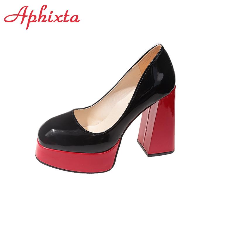 Fashion Aphixta Hot Sale Square Heels 10cm Chunky Heels Platform Pumps Double Color Blocking Women Party Dance Pumps