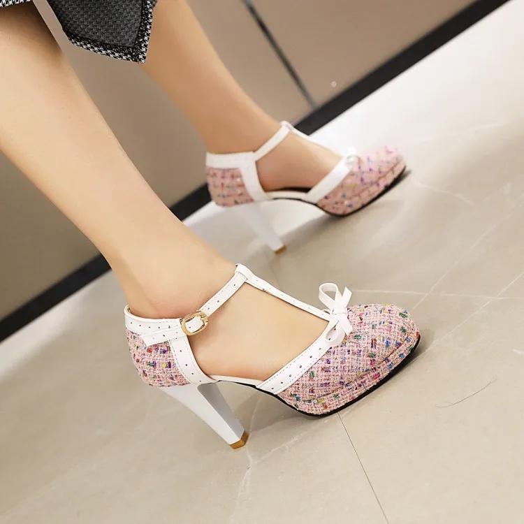 Fashion Fashion Spike Heel Women Pumps T-strap Round Toe Platform Shoes Female Buckle Strap Bowknot Party Pumps For Girlfriends