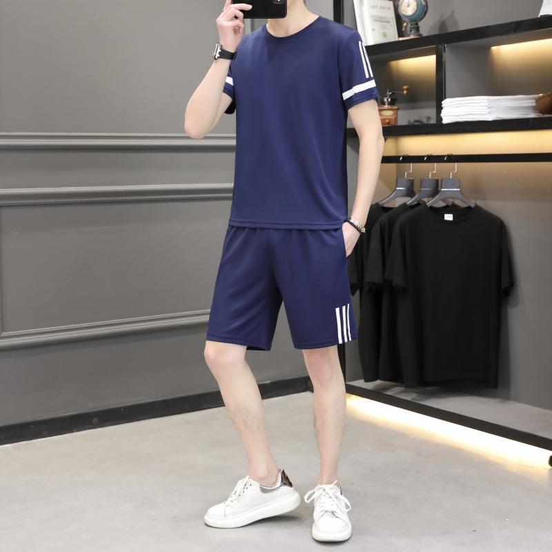 Summer Sports Suit For Men Solid Color Ice Silk Casual Loose Round Neck Short Sleeve Men's Sports Two-piece Summer Thin Suit