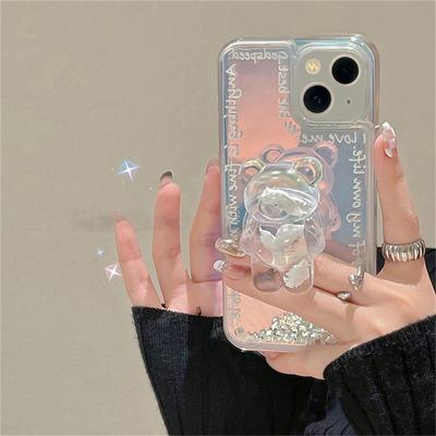 Korea Cute 3d Cloud Bear Bracket Quicksand Laser Phone Case For Iphone 13 12 11 Pro Xs Max X Xr 7 8 Plus Shockproof Back Cover