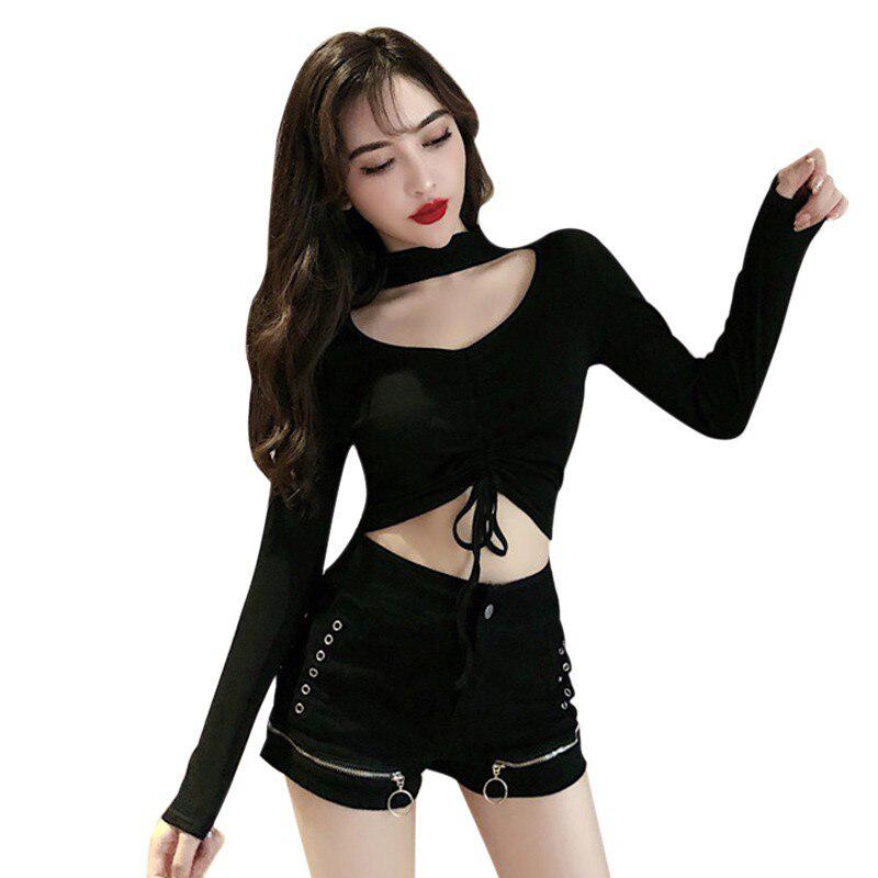 Women's T Shirt Camiseta Mujer Casual Long Sleeve Solid V-neck Crop Tops Woman Fashion Drawstring Bottom Top Tee Shirt Femme