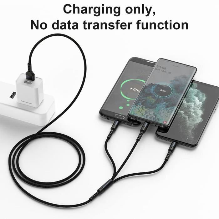 3-in-1 Charging Cable for Samsung Galaxy A14 4G-5G, A34 A54 5G A53 A52 M13 M23 5G, USB-C Micro-USB Cable Black 1.2 Meter