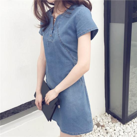 Casual Dress O-neck Short Sleeve Stitching Stylish Women Summer Denim Dress for Daily Wear